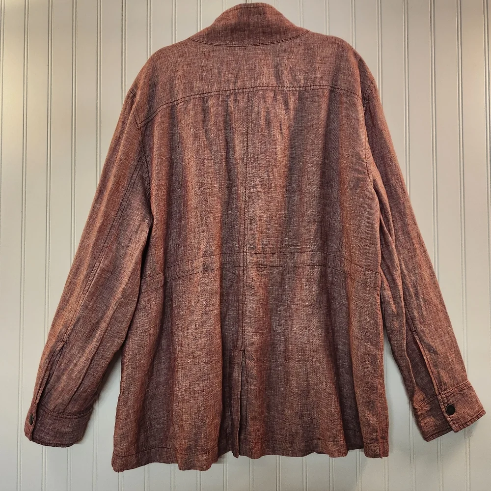 Women Heather Red 100% Linen Snap Buttons Utility Safari Jacket Size 2XL Summer - Picture 2 of 15